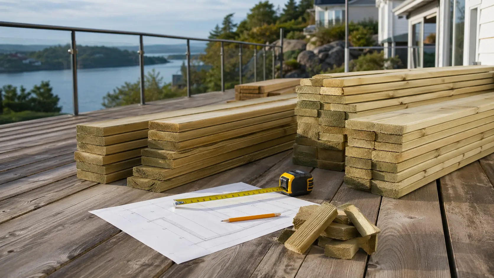 Terrassebrædder, afskårne stykker, målebånd og enkel tegning brugt til at beregne kapspild