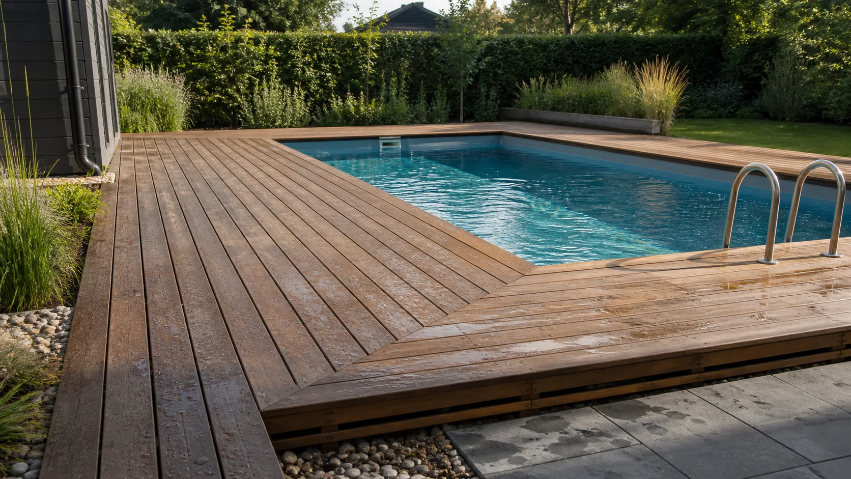 Nasse Holzterrasse mit gleichmäßigen Fugen rund um einen rechteckigen Pool